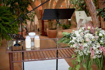 Beautiful place for the wedding ceremony with flowers and decorations.