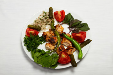 Selection of meat from Turkish cuisine. Meatballs, steaks, tenderloin and other varieties.
