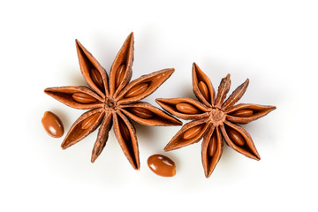 Star anise. Two star anise fruits with seeds. Macro close up Isolated on white background with shadow, top view of chinese badiane spice or Illicium verum.