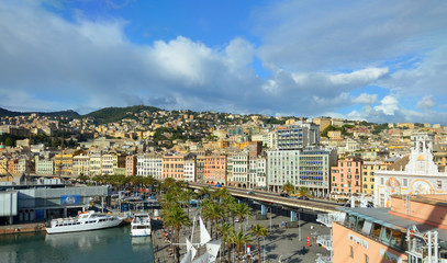 Fototapeta na wymiar Top aerial scenic panoramic view from above of old historical centre quarter and modern districts of european city Genoa (Genova) and harbor of Ligurian and Mediterranean Sea, Liguria, Italy
