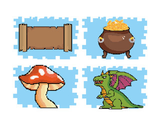 set of parchment message with coins inside cauldron and fungus with dragon