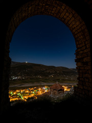 Look from the Berat castle at night to the sky and old town, Albania