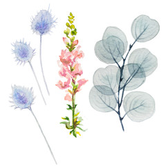 Watercolor hand painting set of flowers and green leaves