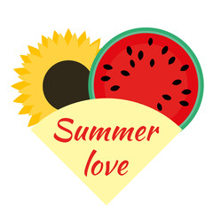 Sunflower and watermelon symbols of August and summer. Watermelon in the cut and sunflower in the package in the shape of a heart. National watermelon holiday.