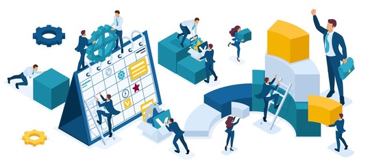 Isometric set of business people who make up planning, data collection, graphs, charts, young businessmen