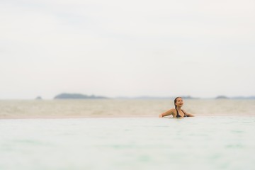 Fototapeta na wymiar Portrait beautiful young asian woman wear bikini around swimming pool in hotel resort nearly sea ocean beach
