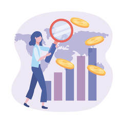 businesswoman with magnifying glass and statistics bar