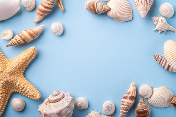 Summer texture copy space starfish seashell top view blue background