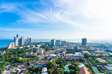 Naklejka premium Pattaya Chonburi Thailand - 28 May 2019 : Beautiful landscape and cityscape of Pattaya city is popular destination in Thailand with white cloud and blue sky