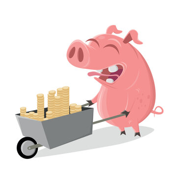 funny cartoon pig with money pushcart