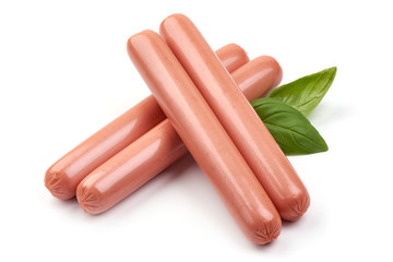 Fresh boiled pork sausages, close-up, isolated on white background
