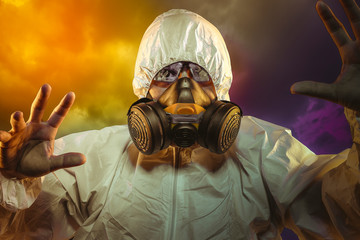 Safety virus infection concept. Man in protective suit and antigas mask with glasses. Ebola, toxic gases, biological warfare, infections and diseases