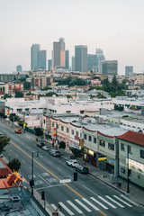View of Hill Street in Chinatown and the downtown Los Angeles skyline, California
