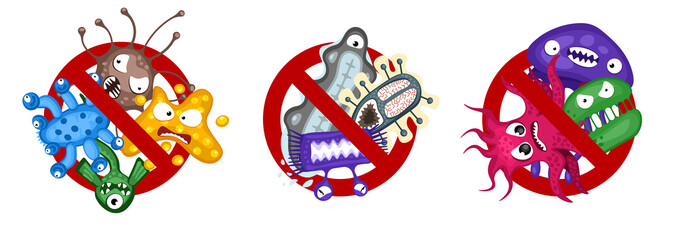 Stop spread virus symbol set. Cartoon germ characters isolated vector illustration on white background. Cute fly bacteria infection character. Microbe viruses and diseases protection
