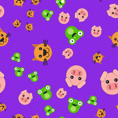 Seamless pattern of pig head cat and frog.