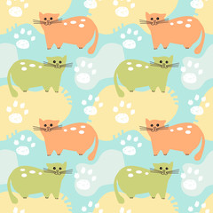 Pattern from colorful cats. Cute Pets in cartoon style. Seamless pattern in pastel colors. A pack of cats.