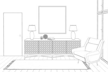 3d illustration. Sketch of сozy modern hall with a picture and a chair