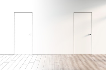 3d illustration. Sketch of an empty hall with two doors became a real interior