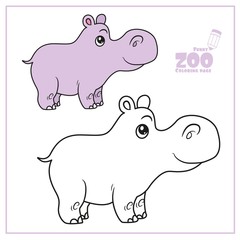 Cute cartoon little hippo color and outlined on a white background  for coloring page