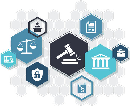 Law practice / legal representation / justice system – abstract icon concept with hexagon shapes. Vector illustration