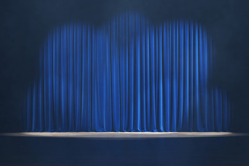 Theater stage with blue velvet curtains and volume light. 