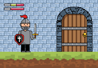 sir boy with shield and sword with castle door