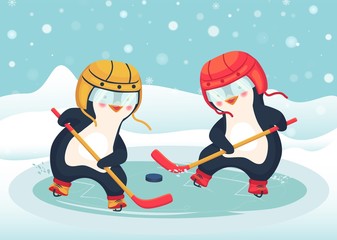 penguin play ice hockey in the winter