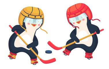 penguin play ice hockey in the winter
