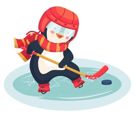 penguin play ice hockey in the winter