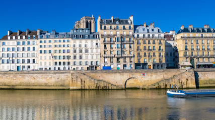 Paris, beautiful houses on the quay aux Fleurs, with a view of the Seine, typical facades of the...