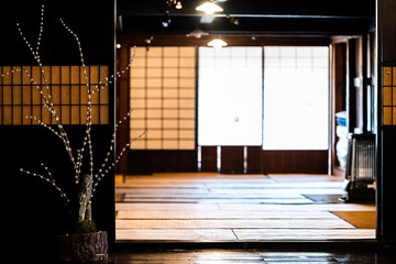 Traditional japanese house sliding paper door decorations with nobody architecture in Takayama,...