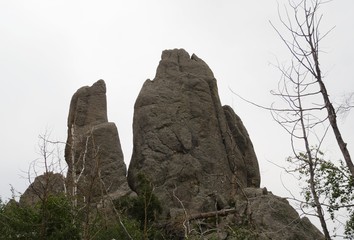 Granite boulders and rock formations at the Needle's Eye, a rock tunnel at Needles Highway, Custer County, South Dakota.