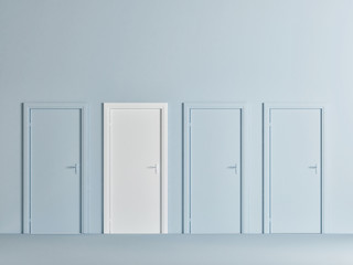 Minimal idea concept four doors on blue background, 3d illustration