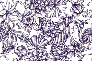 Artistic pattern with ylang-ylang, daffodil, lotus