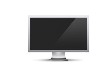 Realistic TV screen Mock-up. Modern stylish lcd panel, led type. Large computer monitor display mockup. Blank television template.Curved TV screen isolated on soft gray background. 3D rendering.