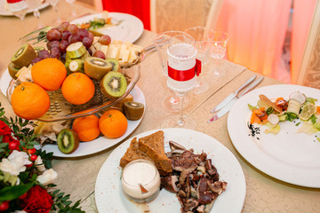 Gala dinner, serving table for birthday or wedding. Different meals for the guests on Banquet. delicious dishes on the table in the restaurant.