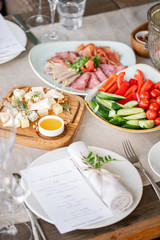 Gala dinner, serving table for birthday or wedding. Different meals for the guests on Banquet. delicious dishes on the table in the restaurant.