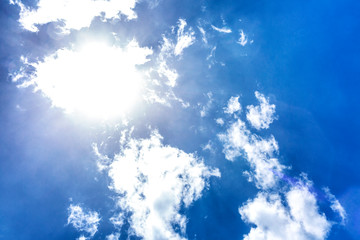 Thick clouds in the bright blue sky. Background. Space for text.