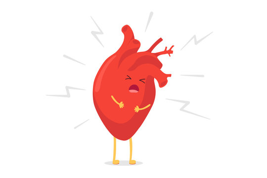 Cartoon heart character unhealthy sick emoji pain emotion. Vector circulatory organ with lightning bolts heart attack concept illustration