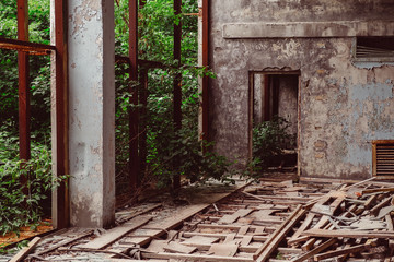 School in destroyed abandoned ghost city Pripyat ruins after Chernobyl disaster. Chernobyl Nuclear...