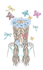 Girl with two braids and wreath of flowers, surrounded by fluttering butterflies. Hand drawn vector outline illustration