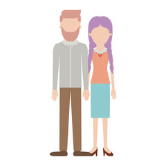 Fototapeta na wymiar faceless couple colorful silhouette and him with beard and shirt and pants and shoes with side parted hairstyle and her with blouse and skirt and heel shoes with braided hair