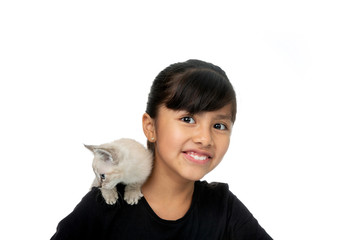 little girl smile with kitty white background