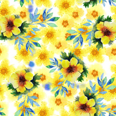 Seamless pattern with abstract watercolor flowers. yellow and orange flower on a blue background. Bright, cheerful, child illustration for your design