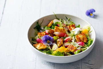 Fresh summer salad with radishes, fennel and halloumi cheese