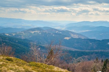 Beautiful spring mountain landscape. Fabulous view of the hills and valleys in Poland.