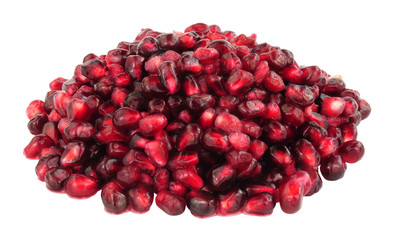 Pile of fresh sweet juicy pomegranate fruit seeds isolated on a white background