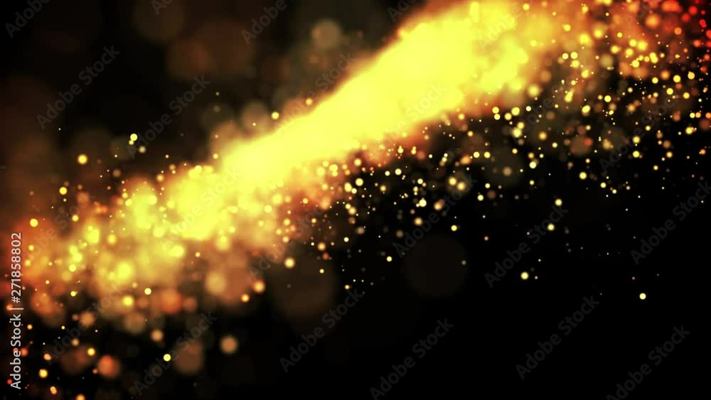 Poster gold particles in liquid float and glisten. background with glittering golden particles depth of fie