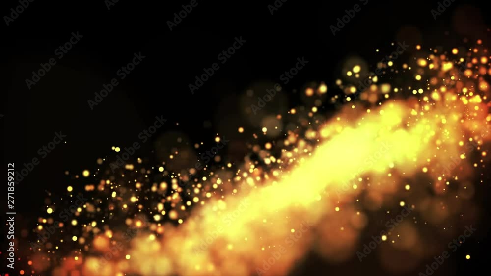 Poster gold particles in liquid float and glisten. background with glittering golden particles depth of fie