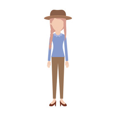faceless woman with hat and blouse long sleeve and pants and heel shoes with braid and fringe hairstyle in colorful silhouette
